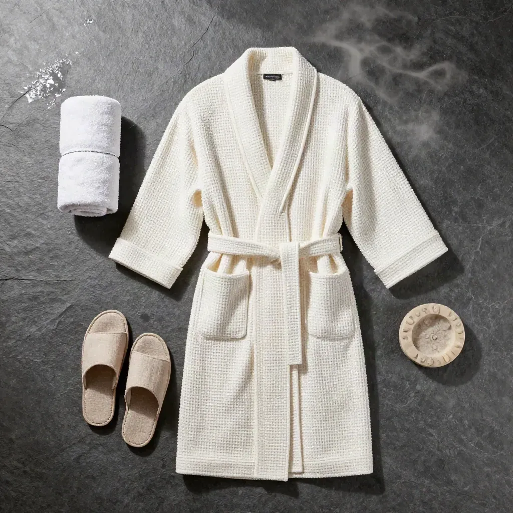 Top-down ivory spa robe flatlay with towel, slippers and soap dish on wet slate.