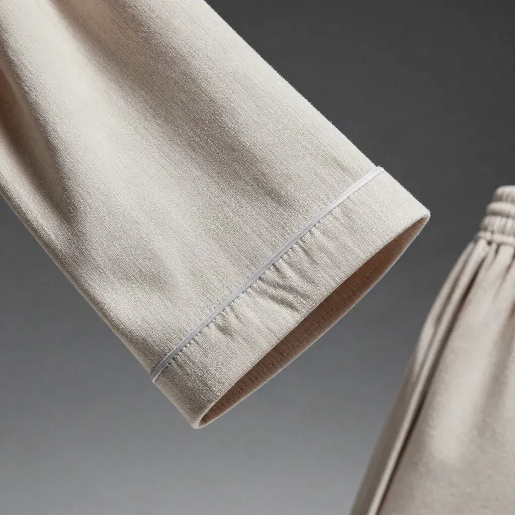 Pale stone bamboo pajamas float on a charcoal gradient, with sleeve echo and belt tie.