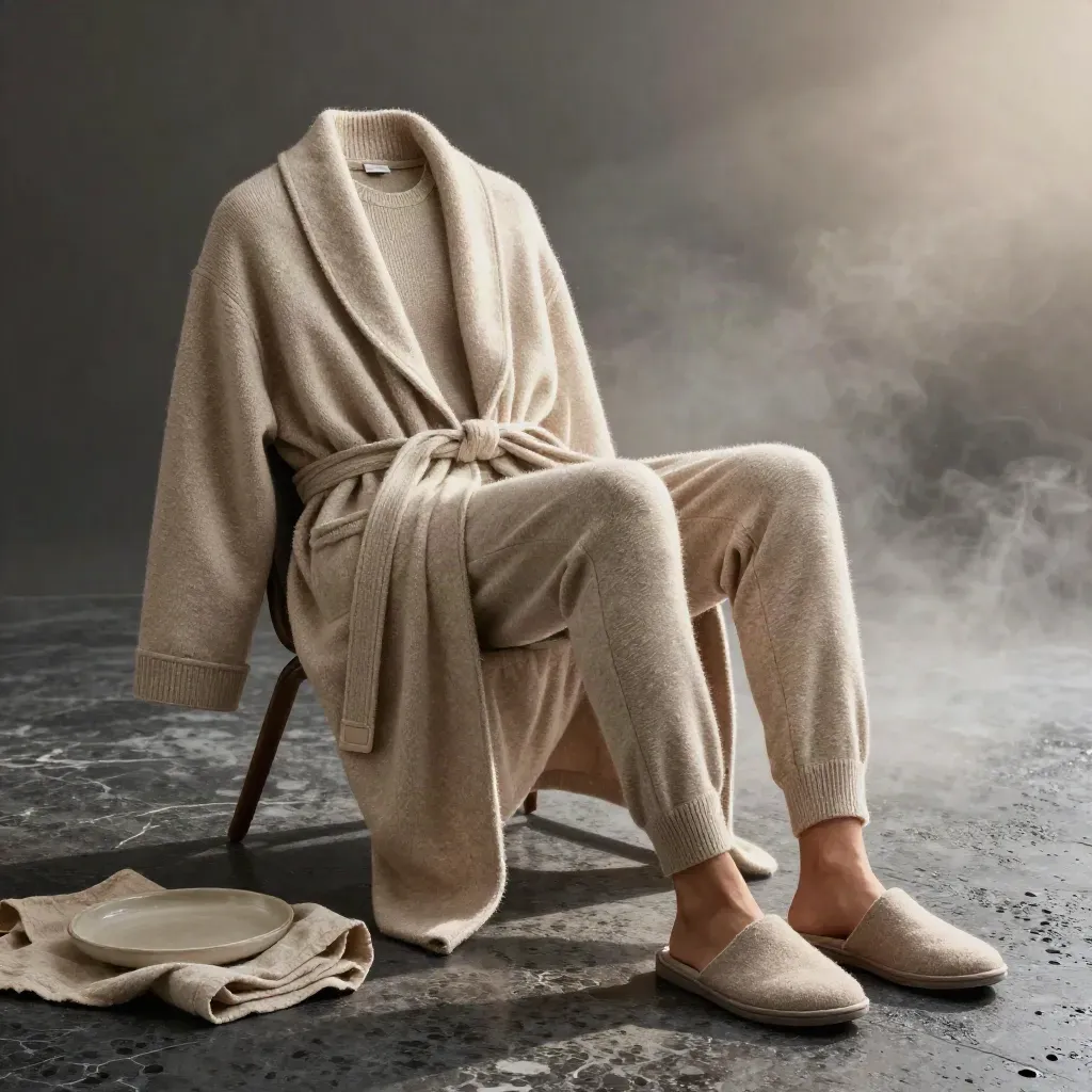 Oat knit lounge set with robe, tee, joggers, and slippers on misty travertine at dawn.