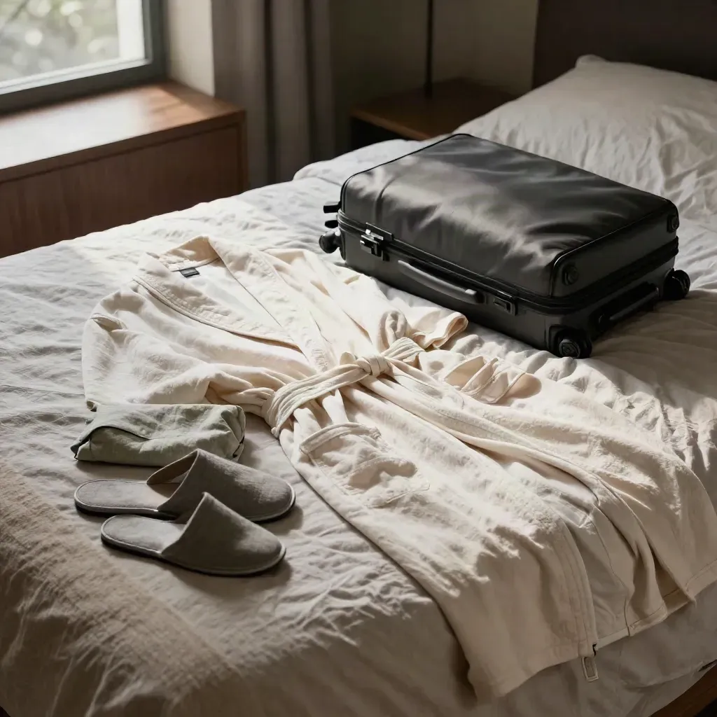 Folded robe, sleep set, carry-on, pouch and slippers on an unmade guest bed.