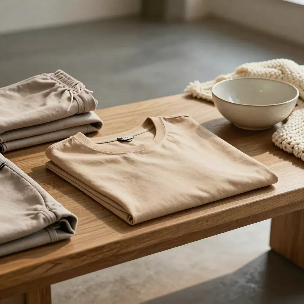 Warm sand tee with joggers, ceramic bowl and knit throw on a low bench in soft morning light.