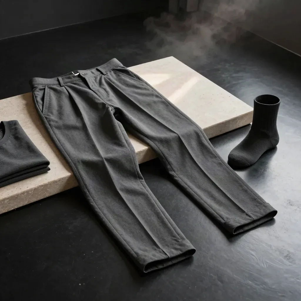 Charcoal lounge pants draped with top and socks on a matte stone tray in a dark studio