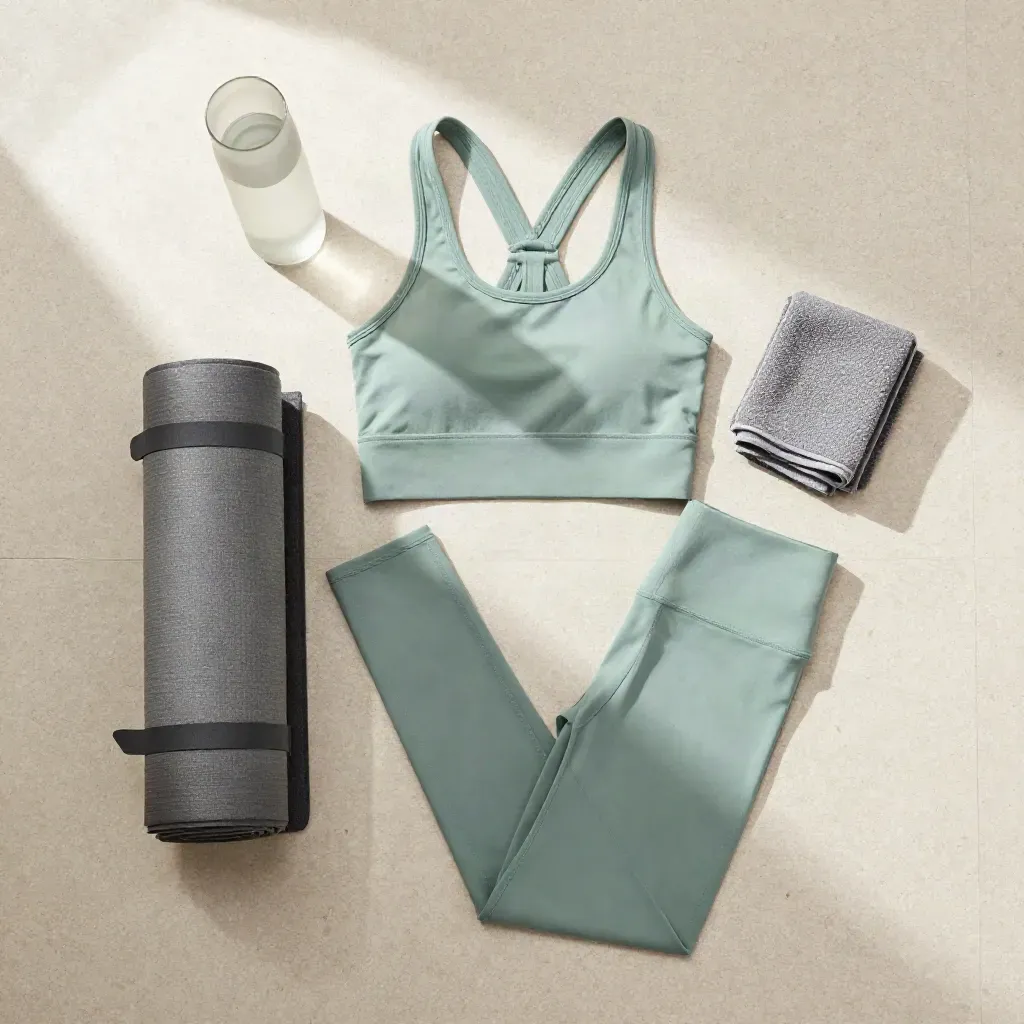 Overhead sage yoga set with towel, mat strap, and glass carafe on pale concrete.