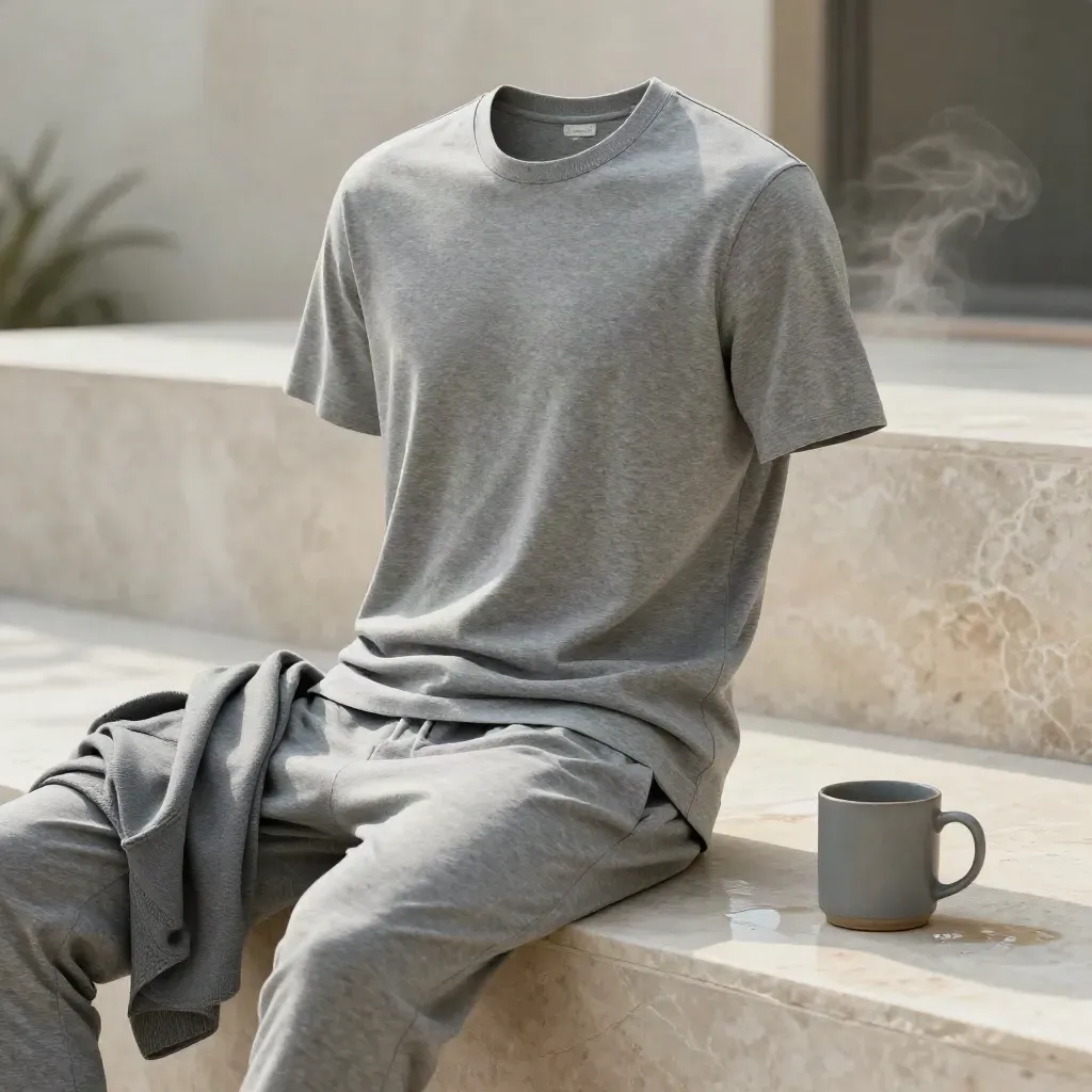 Grey men’s tee with lounge pants, cardigan, and mug on a limestone ledge in soft morning light