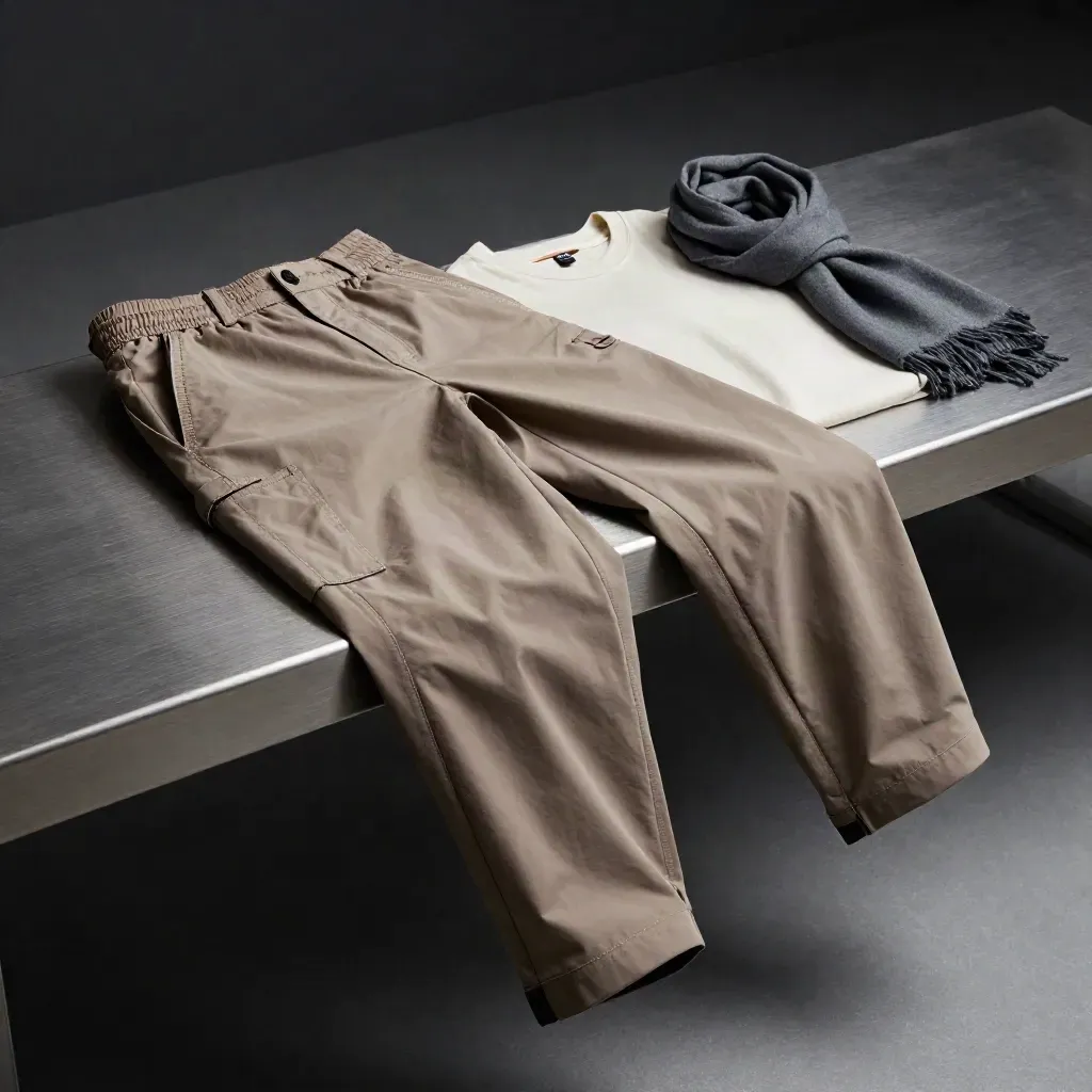 Taupe travel wrap pants with tee, pouch and scarf on a metal bench under dramatic studio light.