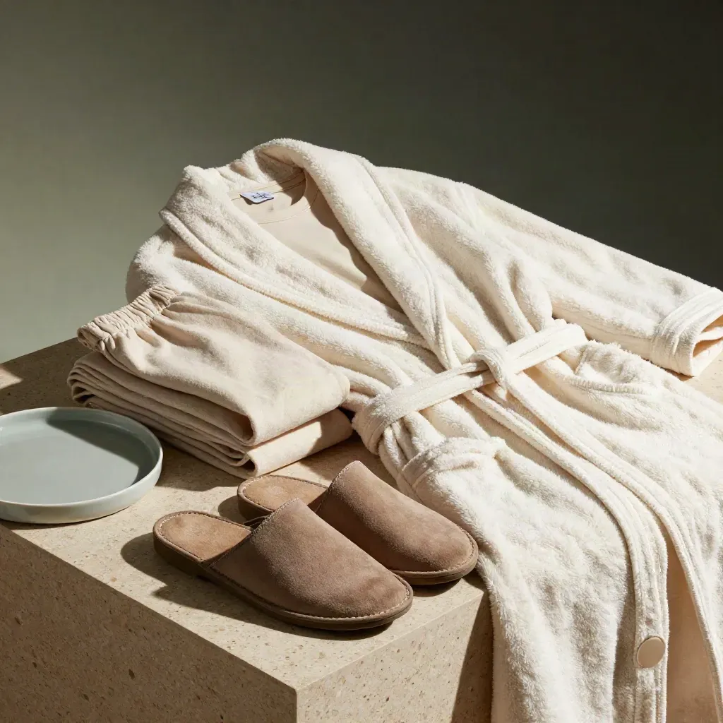 Ivory robe, tee, jogger and slippers on travertine with a subtle sage accent.