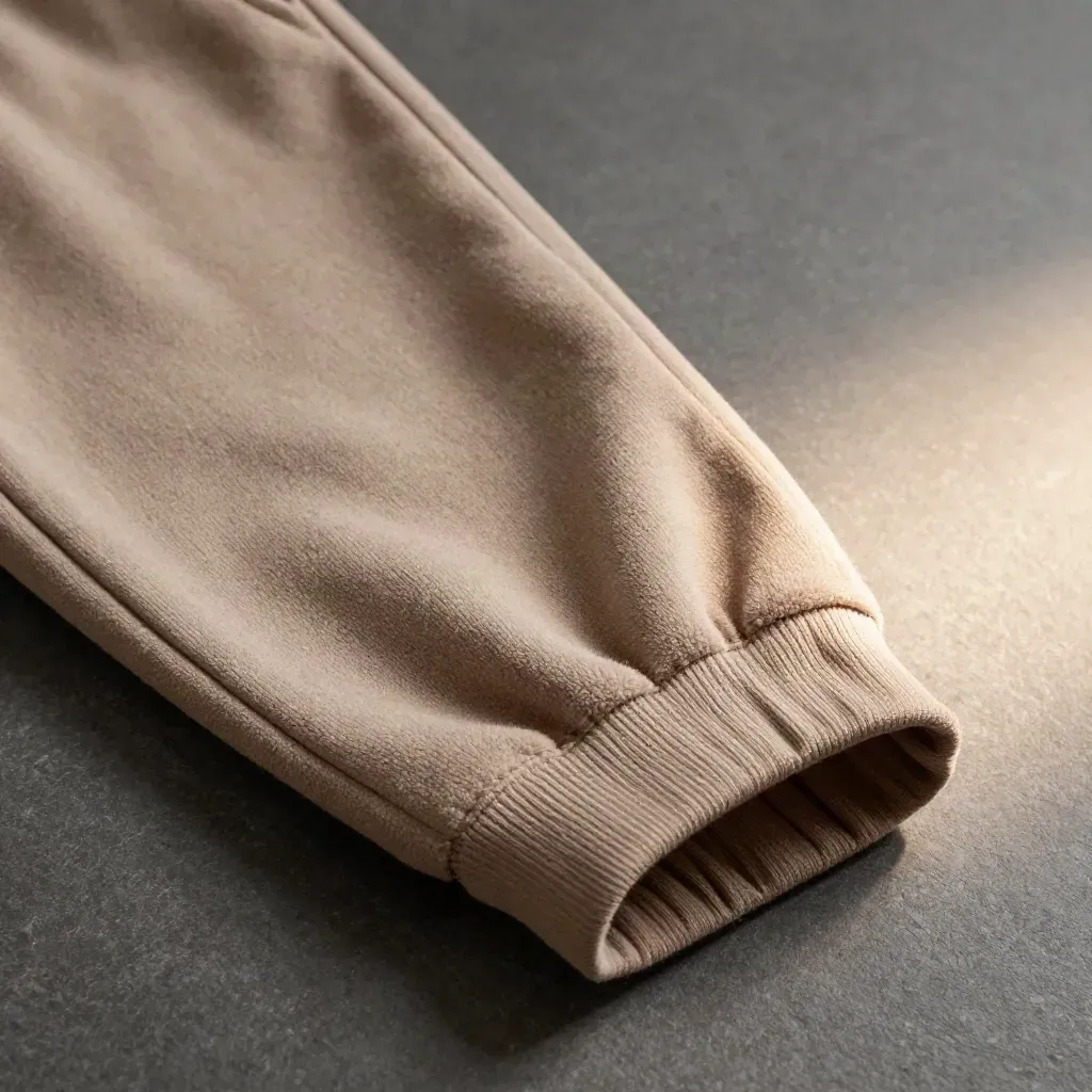 Macro of a warm taupe fleece jogger waistband, pocket seam, and folded hem on stone.
