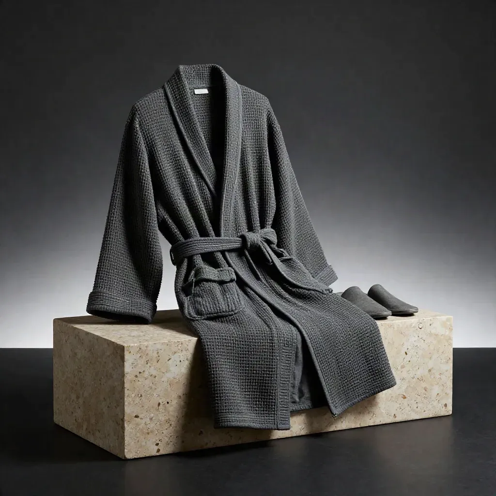 Charcoal waffle robe draped on travertine with tee and slippers in a dark studio.