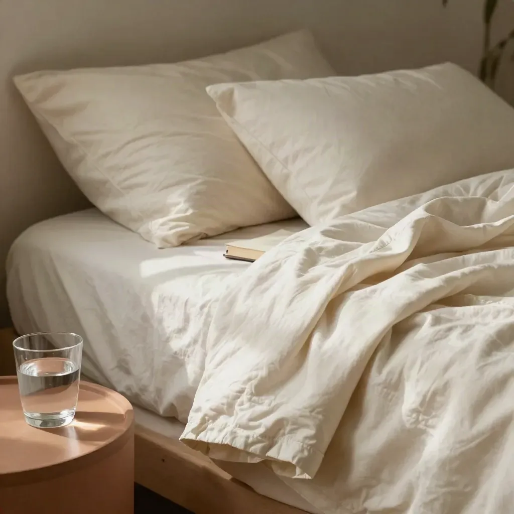 Sleep short set on rumpled bed with robe tie, book and ceramic glass beside an unmade pillow.