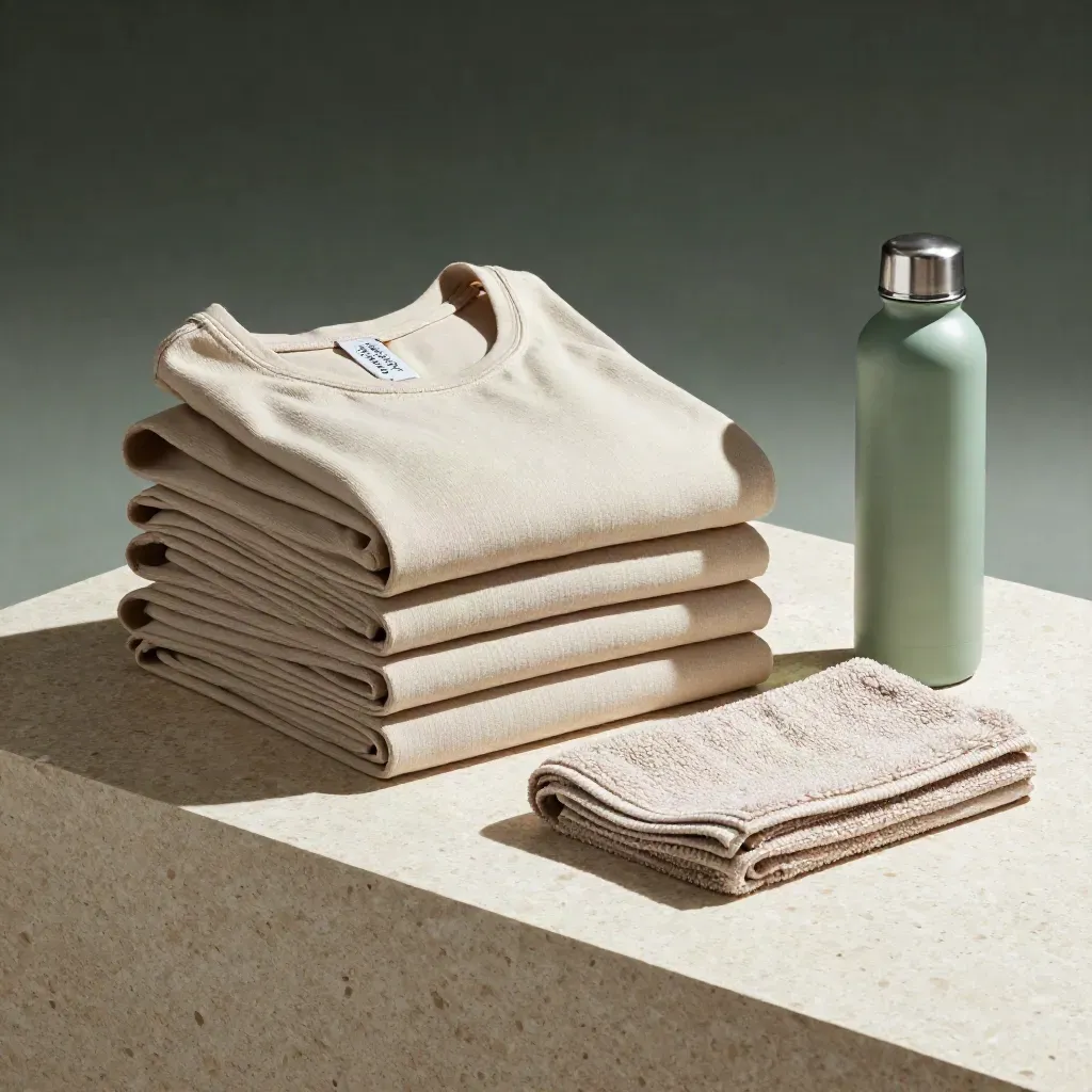 Sage yoga set with towel, strap, and bottle on travertine in a calm studio still life.