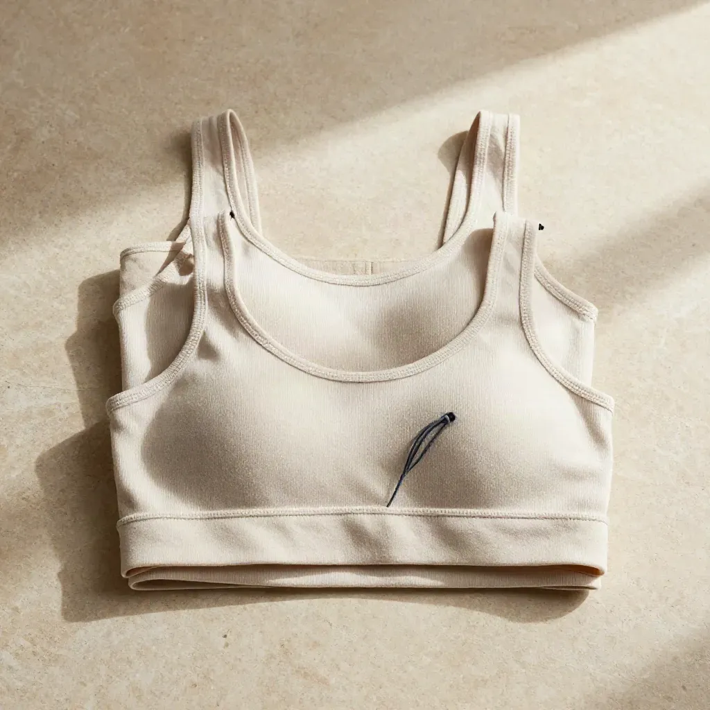 Overhead flatlay of two pale stone rib tanks with a bralette and knit pouch on limestone.