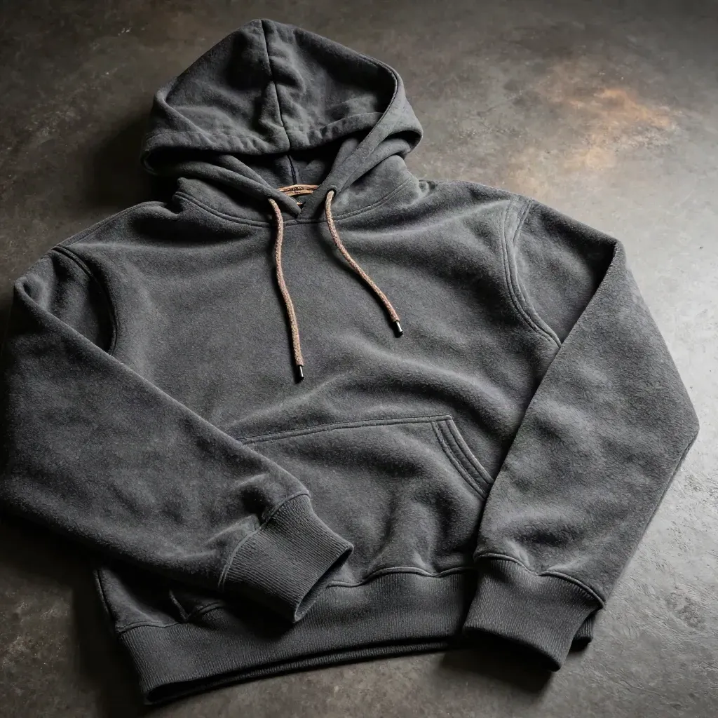 Charcoal fleece hoodie macro with hood crown, cuff rib, and drawcord ends on concrete.