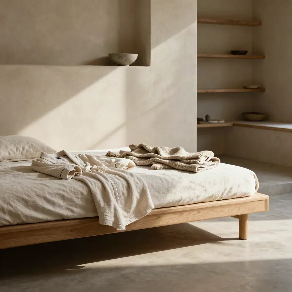 Sunlit women’s lounge interior with oak daybed, layered linen, and calm floor space for copy.
