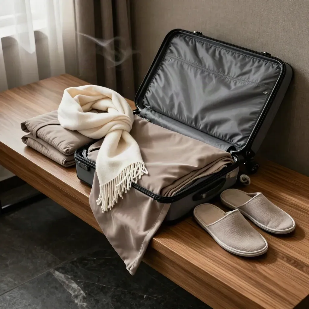Taupe travel lounge set, scarf, pouch and slippers in an open carry-on hotel scene.