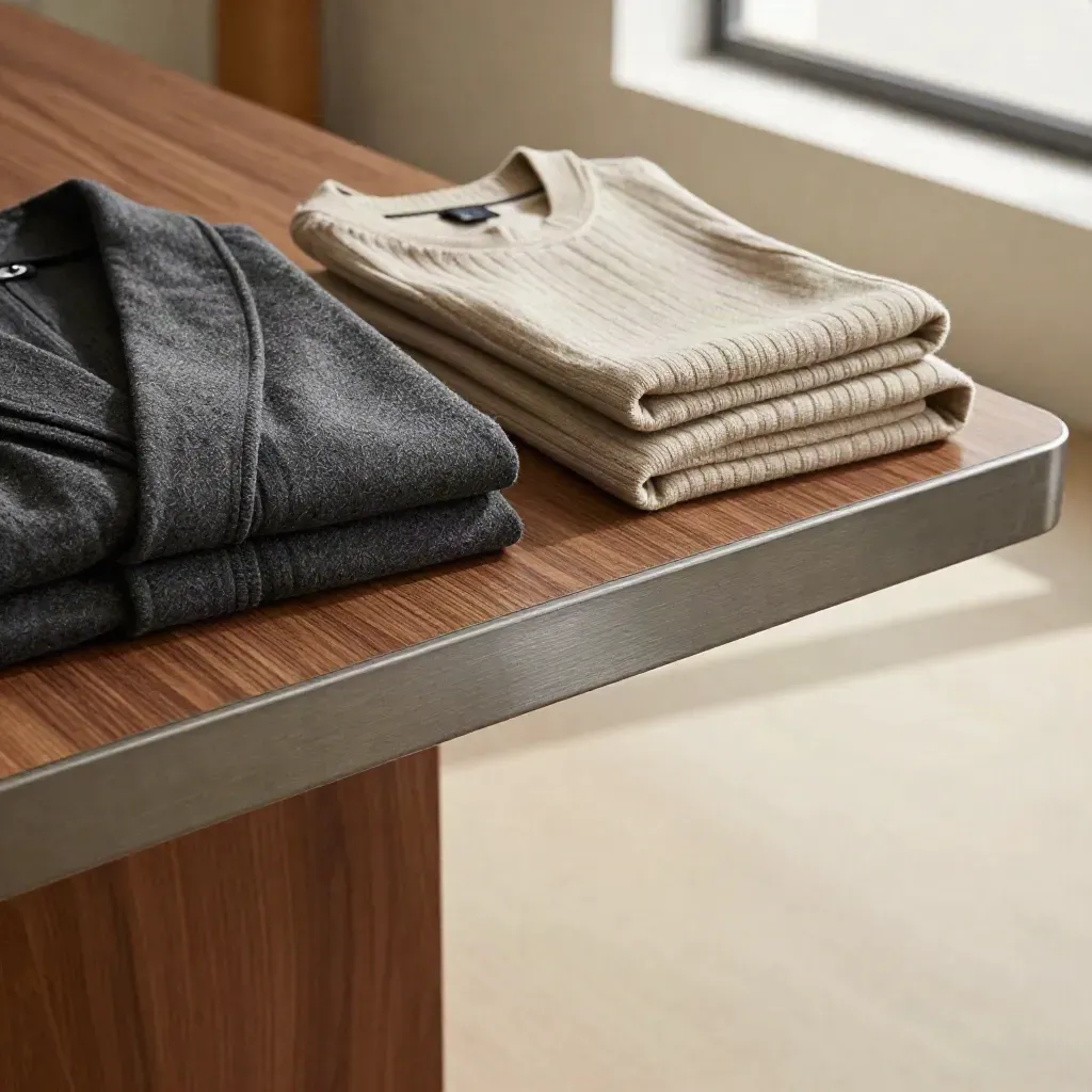 Charcoal robe, knit lounge set, and walnut surface under soft skylight