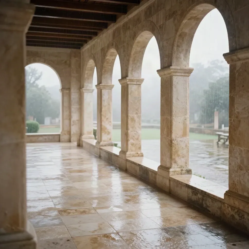 Rain-washed limestone terrace with sheer curtain and glowing courtyard arches.