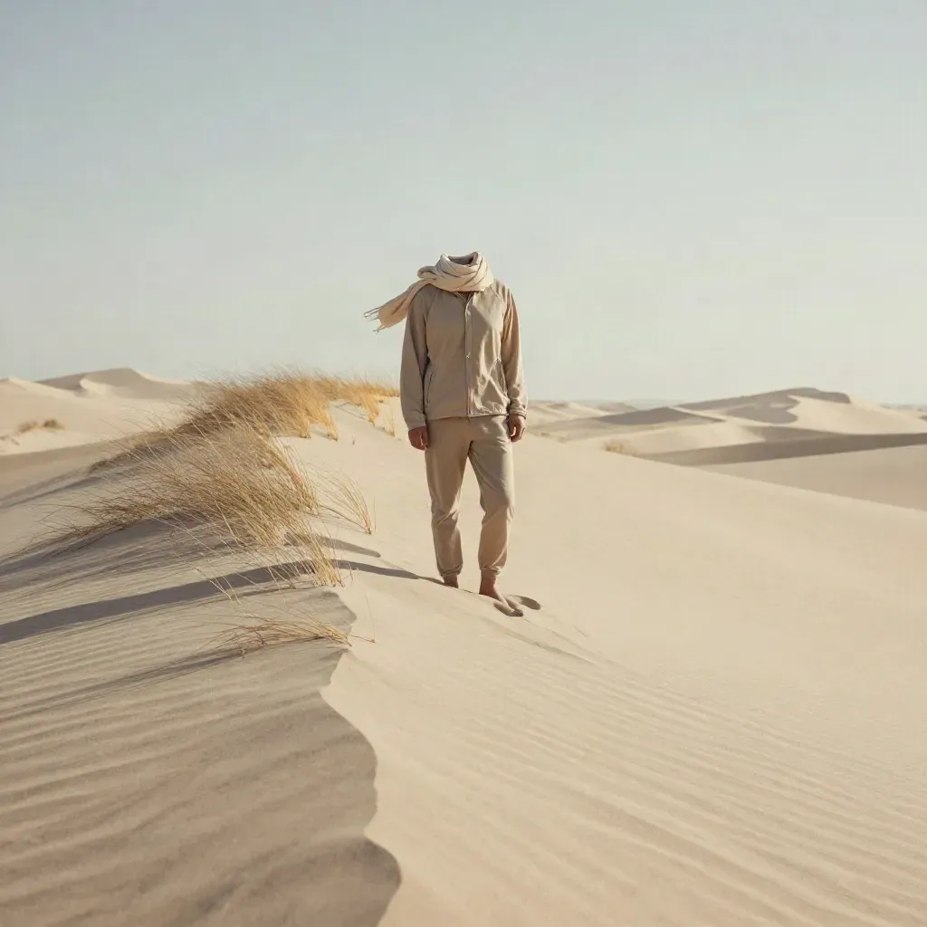 Pale dunes with dry grass and travel wear layers in soft evening haze.